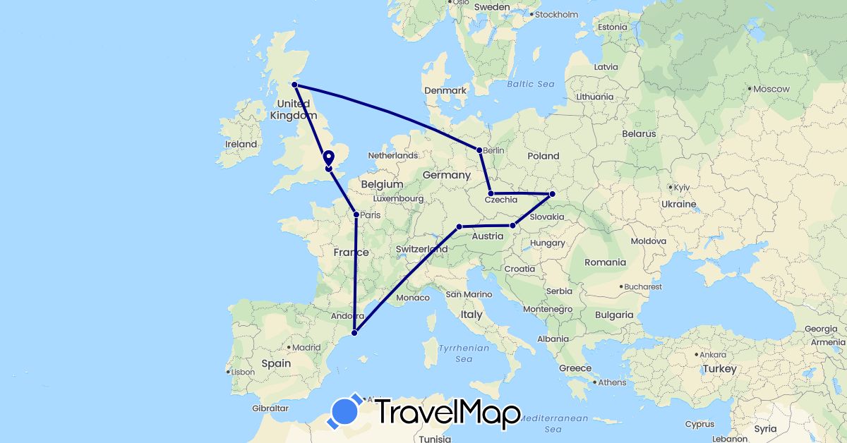 TravelMap itinerary: driving in Austria, Czech Republic, Germany, Spain, France, United Kingdom, Poland (Europe)